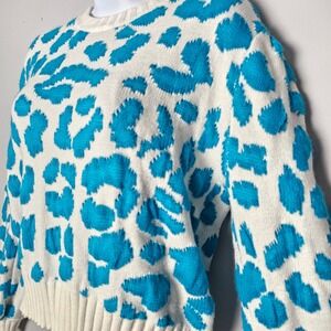 En Creme Womens Turquoise Leopard Print Crew Neck Bishop Sleeve Sweater Medium